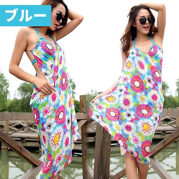 レディース　サマードレス　ビーチドレス　ワンピース　カバービキニ　ノースリーブ　ミディ丈　カシュクール　花柄　ボヘミアン　フリーサイズ　大人可愛い　カジュアル　セクシー　ビーチ　カバーアップ　リゾート　ピンク　ブルー　送料無料