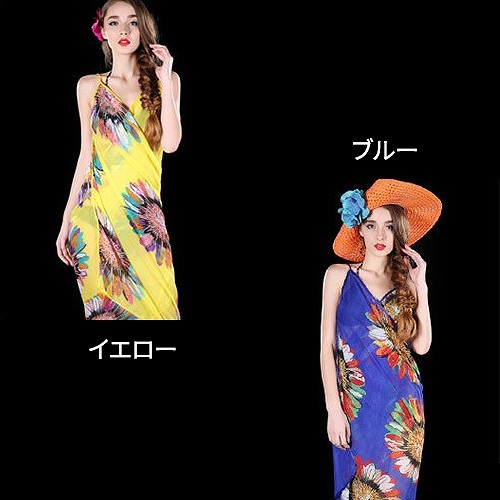 レディース　サマードレス　ビーチドレス　ワンピース　カバービキニ　ノースリーブ　ロング　カシュクール　花柄　フラワー　大人可愛い　カジュアル　セクシー　ビーチ　カバーアップ　リゾート　イエロー　ブルー　送料無料