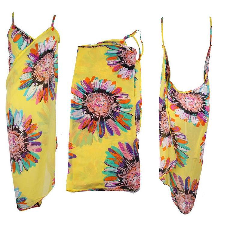レディース　サマードレス　ビーチドレス　ワンピース　カバービキニ　ノースリーブ　ロング　カシュクール　花柄　フラワー　大人可愛い　カジュアル　セクシー　ビーチ　カバーアップ　リゾート　イエロー　ブルー　送料無料