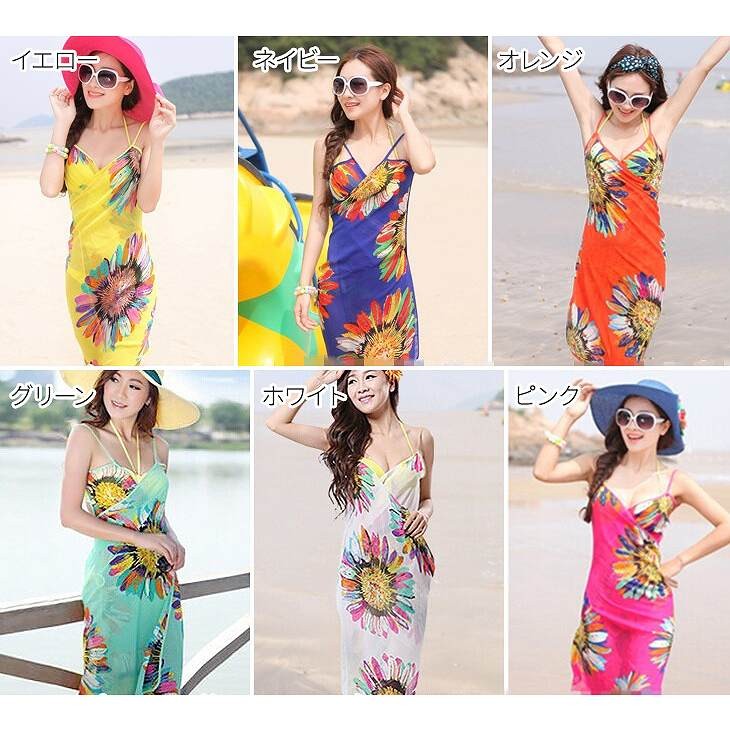 レディース　サマードレス　ビーチドレス　ワンピース　カバービキニ　ノースリーブ　ミディ丈　カシュクール　花柄　カジュアル　フリーサイズ　セクシー　ビーチ　カバーアップ　リゾート　イエロー　ネイビー　オレンジ　グリーン　ホワイト　ピンク　送料無料