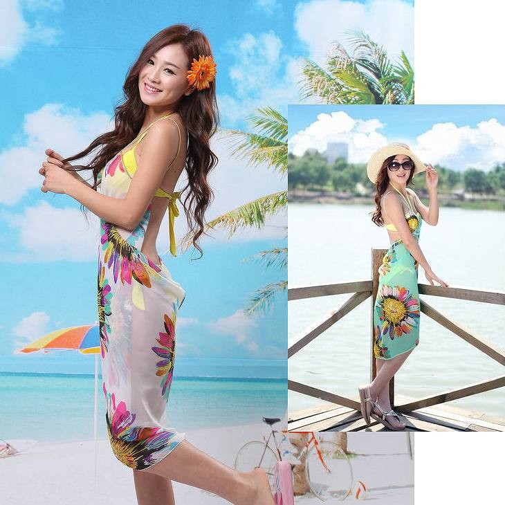 レディース　サマードレス　ビーチドレス　ワンピース　カバービキニ　ノースリーブ　ミディ丈　カシュクール　花柄　カジュアル　フリーサイズ　セクシー　ビーチ　カバーアップ　リゾート　イエロー　ネイビー　オレンジ　グリーン　ホワイト　ピンク　送料無料