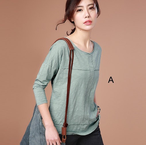 レディース　トップス　カットソー　Tシャツ　ラウンドネック　長袖　無地　シンプル　定番　大人可愛い　大きいサイズ　フェミニン　オフィス　デート　お出かけ　デイリー　グリーン　ピンク　送料無料