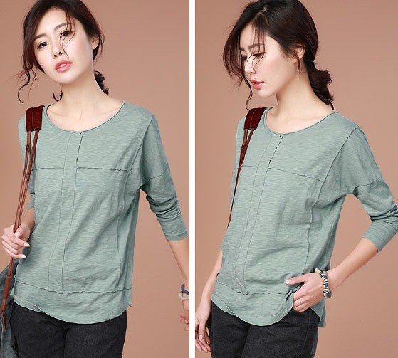 レディース　トップス　カットソー　Tシャツ　ラウンドネック　長袖　無地　シンプル　定番　大人可愛い　大きいサイズ　フェミニン　オフィス　デート　お出かけ　デイリー　グリーン　ピンク　送料無料