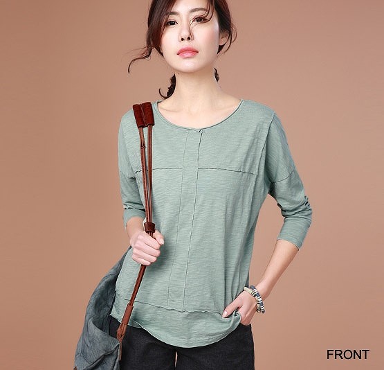 レディース　トップス　カットソー　Tシャツ　ラウンドネック　長袖　無地　シンプル　定番　大人可愛い　大きいサイズ　フェミニン　オフィス　デート　お出かけ　デイリー　グリーン　ピンク　送料無料