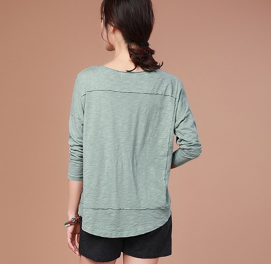 レディース　トップス　カットソー　Tシャツ　ラウンドネック　長袖　無地　シンプル　定番　大人可愛い　大きいサイズ　フェミニン　オフィス　デート　お出かけ　デイリー　グリーン　ピンク　送料無料