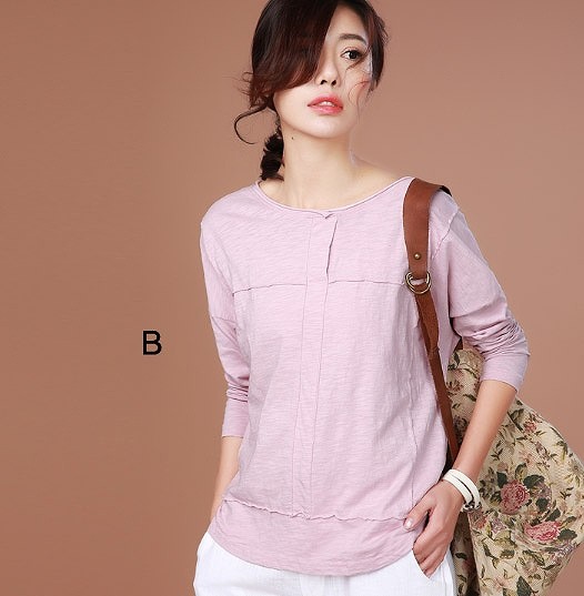 レディース　トップス　カットソー　Tシャツ　ラウンドネック　長袖　無地　シンプル　定番　大人可愛い　大きいサイズ　フェミニン　オフィス　デート　お出かけ　デイリー　グリーン　ピンク　送料無料