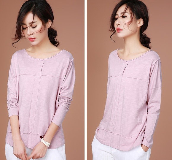 レディース　トップス　カットソー　Tシャツ　ラウンドネック　長袖　無地　シンプル　定番　大人可愛い　大きいサイズ　フェミニン　オフィス　デート　お出かけ　デイリー　グリーン　ピンク　送料無料