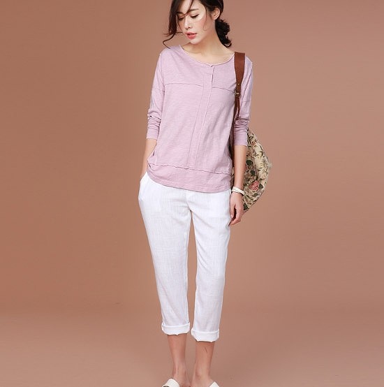 レディース　トップス　カットソー　Tシャツ　ラウンドネック　長袖　無地　シンプル　定番　大人可愛い　大きいサイズ　フェミニン　オフィス　デート　お出かけ　デイリー　グリーン　ピンク　送料無料