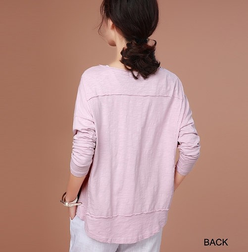 レディース　トップス　カットソー　Tシャツ　ラウンドネック　長袖　無地　シンプル　定番　大人可愛い　大きいサイズ　フェミニン　オフィス　デート　お出かけ　デイリー　グリーン　ピンク　送料無料