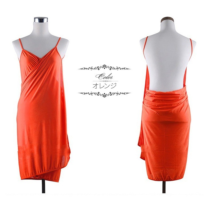 レディース　サマードレス　ビーチドレス　ワンピース　カバービキニ　ノースリーブ　ミディ丈　カシュクール　無地　大人可愛い　カジュアル　フリーサイズ　セクシー　ビーチ　カバーアップ　リゾート　オレンジ　ブルー　送料無料