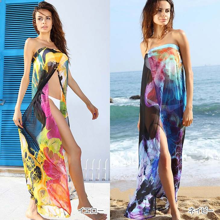 レディース　サマードレス　ビーチドレス　ワンピース　カバービキニ　カバービキニ　ノースリーブ　ロング　チューブトップ　花柄　大人可愛い　フリーサイズ　カジュアル　セクシー　ビーチ　カバーアップ　リゾート　イエロー　ネイビー　送料無料