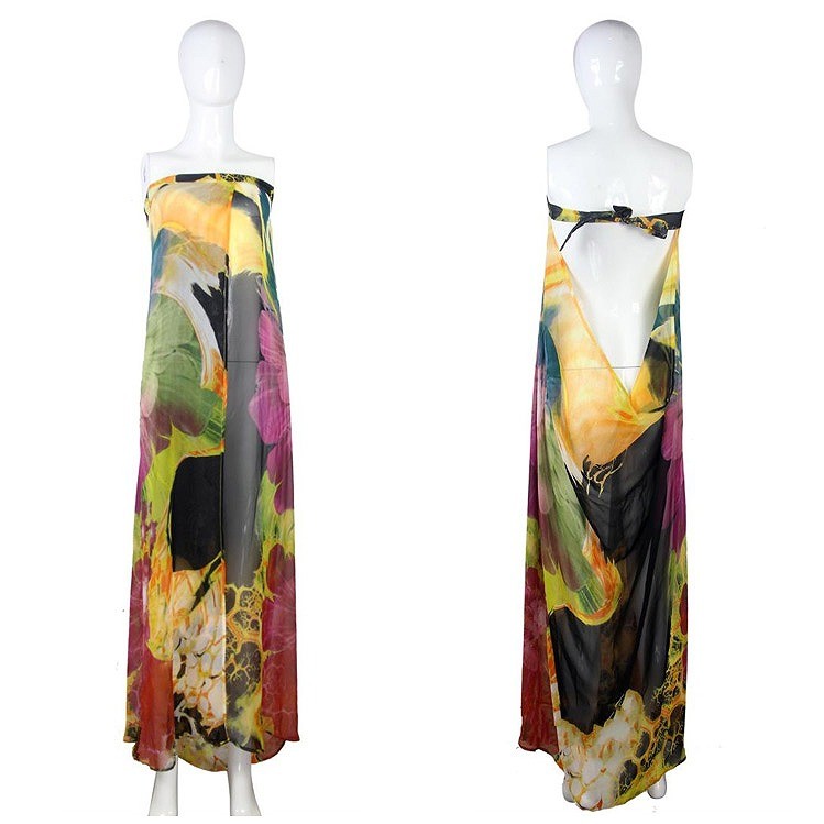 レディース　サマードレス　ビーチドレス　ワンピース　カバービキニ　カバービキニ　ノースリーブ　ロング　チューブトップ　花柄　大人可愛い　フリーサイズ　カジュアル　セクシー　ビーチ　カバーアップ　リゾート　イエロー　ネイビー　送料無料