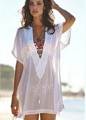 レディース　トップス　ビーチウェア　カットソー　ラッシュガード　カバービキニ　無地　日焼け対策　UV対策　薄地　深Vネック　半袖　大人可愛い　大きいサイズ　セクシー　カジュアル　ビーチ　カバーアップ　リゾート　ホワイト　送料無料