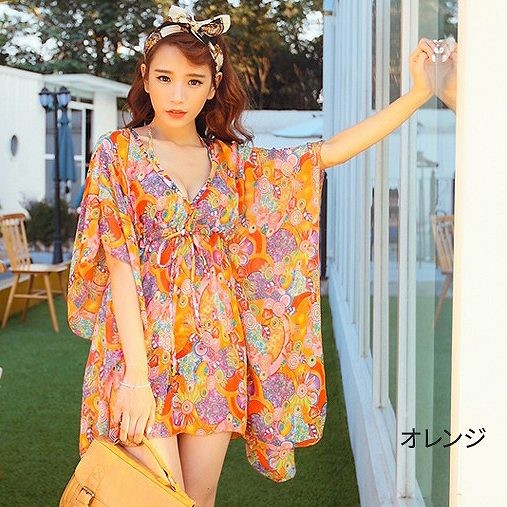 レディース　サマードレス　ビーチドレス　ワンピース　半袖　シフォン　膝上丈　カバービキニ　花柄　大人可愛い　カジュアル　フリーサイズ　セクシー　ビーチ　カバーアップ　リゾート　オレンジ　ピンク　ブルー　送料無料