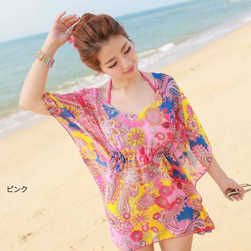 レディース　サマードレス　ビーチドレス　ワンピース　半袖　シフォン　膝上丈　カバービキニ　花柄　大人可愛い　カジュアル　フリーサイズ　セクシー　ビーチ　カバーアップ　リゾート　オレンジ　ピンク　ブルー　送料無料