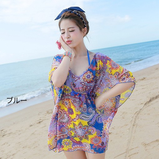 レディース　サマードレス　ビーチドレス　ワンピース　半袖　シフォン　膝上丈　カバービキニ　花柄　大人可愛い　カジュアル　フリーサイズ　セクシー　ビーチ　カバーアップ　リゾート　オレンジ　ピンク　ブルー　送料無料