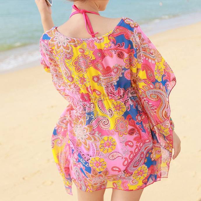 レディース　サマードレス　ビーチドレス　ワンピース　半袖　シフォン　膝上丈　カバービキニ　花柄　大人可愛い　カジュアル　フリーサイズ　セクシー　ビーチ　カバーアップ　リゾート　オレンジ　ピンク　ブルー　送料無料