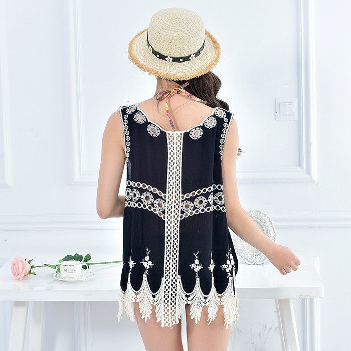 レディース　トップス　ビーチウェア　カットソー　ノースリーブ　カバービキニ　無地　日焼け対策　UV対策　ラウンドネック　フリーサイズ　大人可愛い　セクシー　カジュアル　ビーチ　カバーアップ　リゾート　ブラック　送料無料