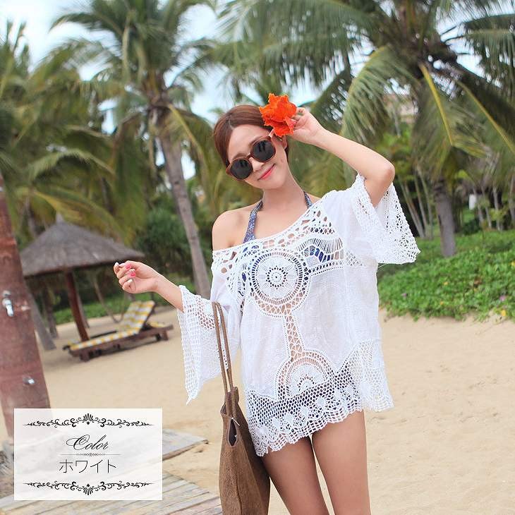 レディース　トップス　ビーチウェア　カットソー　7分袖　レース　無地　カバービキニ　日焼け対策　UV対策　ラウンドネック　フリーサイズ　大人可愛い　セクシー　カジュアル　ビーチ　カバーアップ　リゾート　ブラック　ホワイト　送料無料