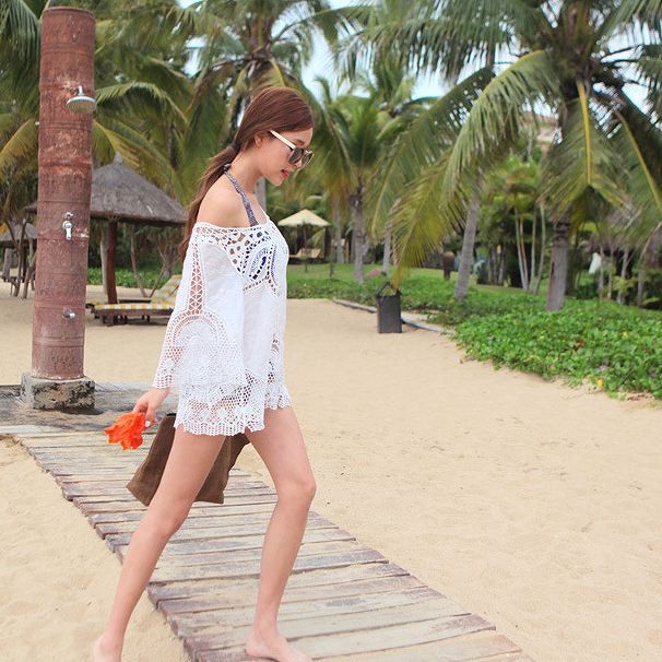 レディース　トップス　ビーチウェア　カットソー　7分袖　レース　無地　カバービキニ　日焼け対策　UV対策　ラウンドネック　フリーサイズ　大人可愛い　セクシー　カジュアル　ビーチ　カバーアップ　リゾート　ブラック　ホワイト　送料無料