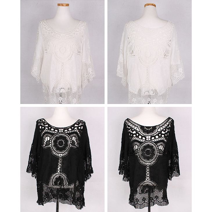 レディース　トップス　ビーチウェア　カットソー　7分袖　レース　無地　カバービキニ　日焼け対策　UV対策　ラウンドネック　フリーサイズ　大人可愛い　セクシー　カジュアル　ビーチ　カバーアップ　リゾート　ブラック　ホワイト　送料無料