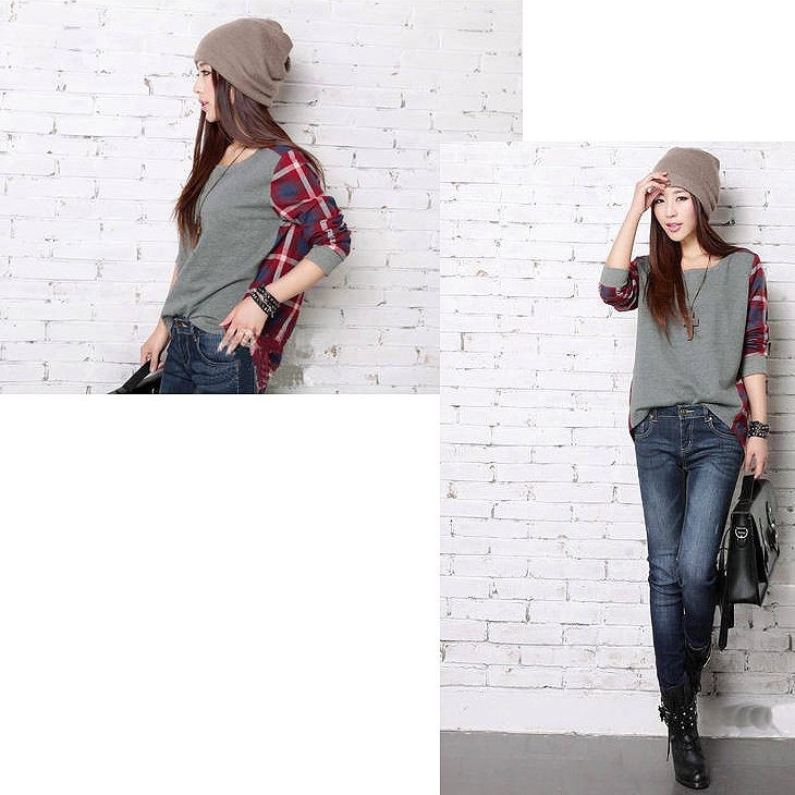 レディース　トップス　Tシャツ　長袖　チェック柄　カットソー　シンプル　大きいサイズ　ゆったり　おしゃれ　カジュアル　大人可愛い　フェミニン　デート　お出かけ　普段着　グレー　送料無料