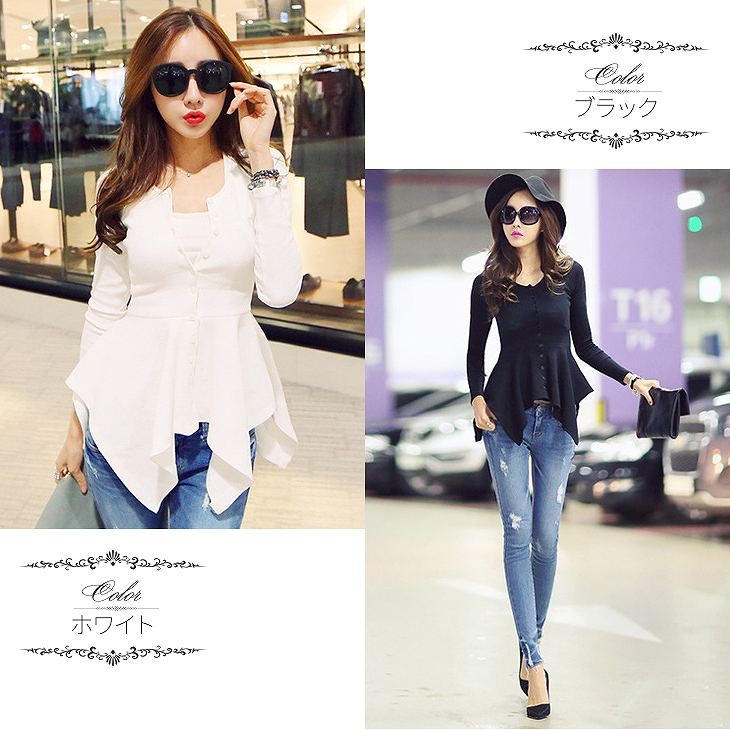 レディース　トップス　Tシャツ　長袖　無地　カットソー　裾フレア　前開き　ボタン　シンプル　アシンメトリー　大きいサイズ　スリム　フィット　おしゃれ　カジュアル　大人可愛い　フェミニン　デート　お出かけ　普段着　ホワイト　ブラック　白　黒　送料無料