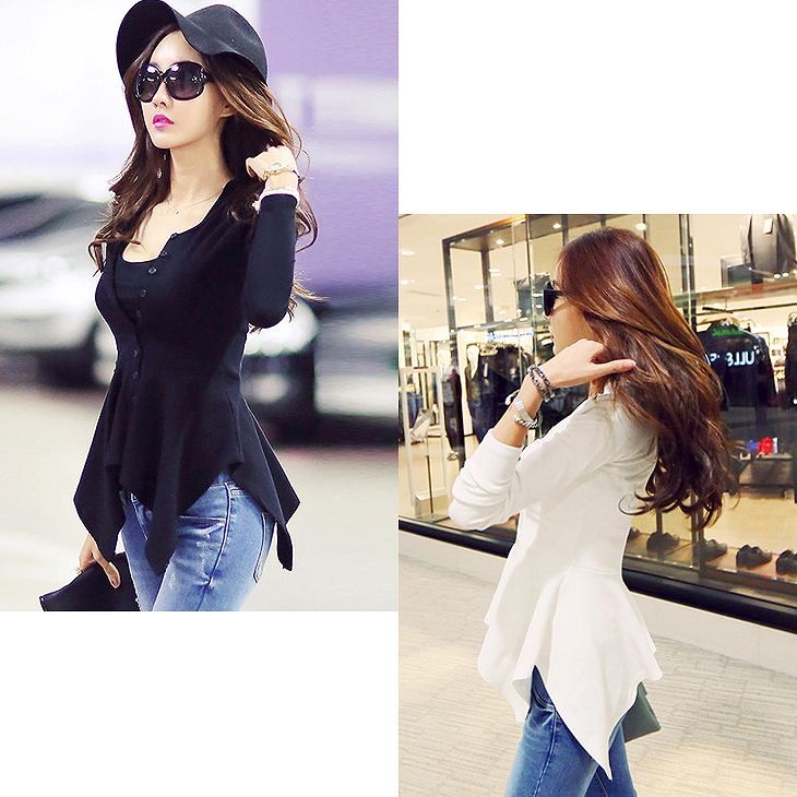 レディース　トップス　Tシャツ　長袖　無地　カットソー　裾フレア　前開き　ボタン　シンプル　アシンメトリー　大きいサイズ　スリム　フィット　おしゃれ　カジュアル　大人可愛い　フェミニン　デート　お出かけ　普段着　ホワイト　ブラック　白　黒　送料無料