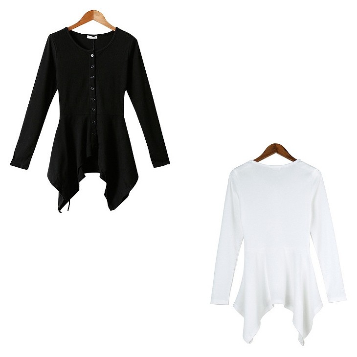 レディース　トップス　Tシャツ　長袖　無地　カットソー　裾フレア　前開き　ボタン　シンプル　アシンメトリー　大きいサイズ　スリム　フィット　おしゃれ　カジュアル　大人可愛い　フェミニン　デート　お出かけ　普段着　ホワイト　ブラック　白　黒　送料無料