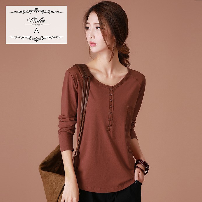 レディース　トップス　Tシャツ　長袖　無地　綿　コットン　カットソー　胸ポケット付き　ボタン　シンプル　大きいサイズ　おしゃれ　カジュアル　大人可愛い　フェミニン　デート　お出かけ　通勤　普段着　送料無料