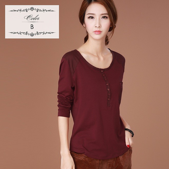 レディース　トップス　Tシャツ　長袖　無地　綿　コットン　カットソー　胸ポケット付き　ボタン　シンプル　大きいサイズ　おしゃれ　カジュアル　大人可愛い　フェミニン　デート　お出かけ　通勤　普段着　送料無料