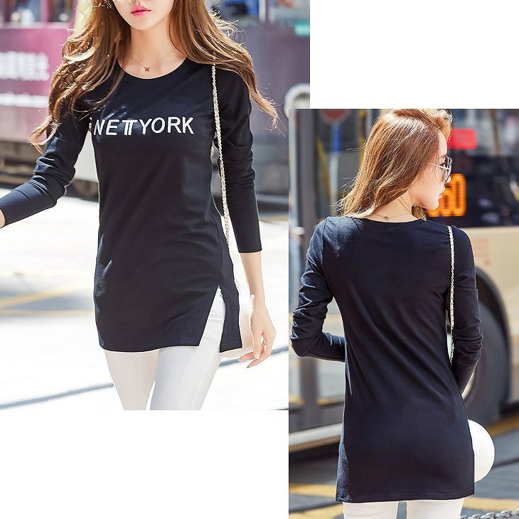 レディース　トップス　Tシャツ　長袖　ロゴ　プリント　カットソー　チュニック　ワンピース　綿　コットン　シンプル　大きいサイズ　おしゃれ　カジュアル　大人可愛い　フェミニン　デート　お出かけ　普段着　ブラック　黒　ホワイト　ピンク　送料無料