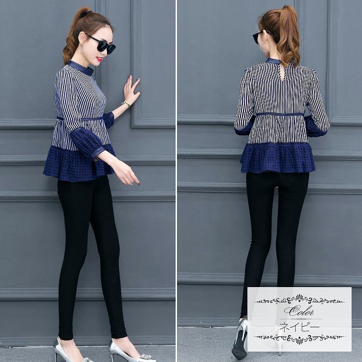 レディース　トップス　Tシャツ　長袖　ストライプ　カットソー　フレア　綿100％　裾レース　袖レース　シンプル　大きいサイズ　ゆったり　おしゃれ　カジュアル　大人可愛い　フェミニン　デート　通勤　お出かけ　普段着　ブラック　黒　ネイビー　送料無料