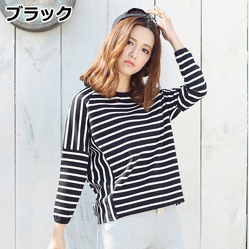 レディース　トップス　Tシャツ　ボーダー　カットソー　ドルマン　長袖　シンプル　コットン　カジュアル　大人可愛い　フェミニン　オフィス　通勤　OL　デート　お出かけ　ブラック　レッド　送料無料