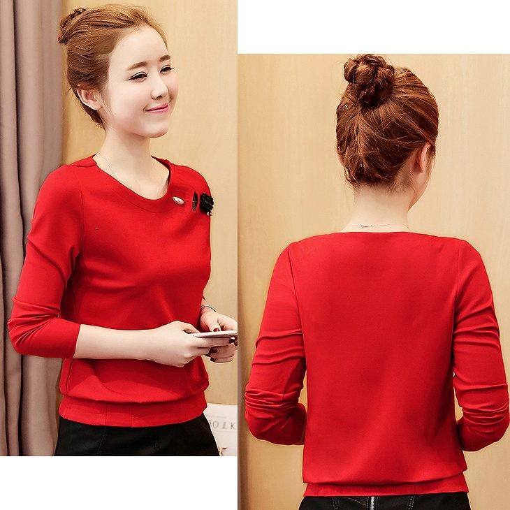 レディース　トップス　Tシャツ　長袖　無地　カットソー　コサージュ付　綿　コットン　シンプル　大きいサイズ　スリム　おしゃれ　カジュアル　大人可愛い　エレガント　フェミニン　デート　お出かけ　通勤　普段着　ブラック　黒　レッド　送料無料