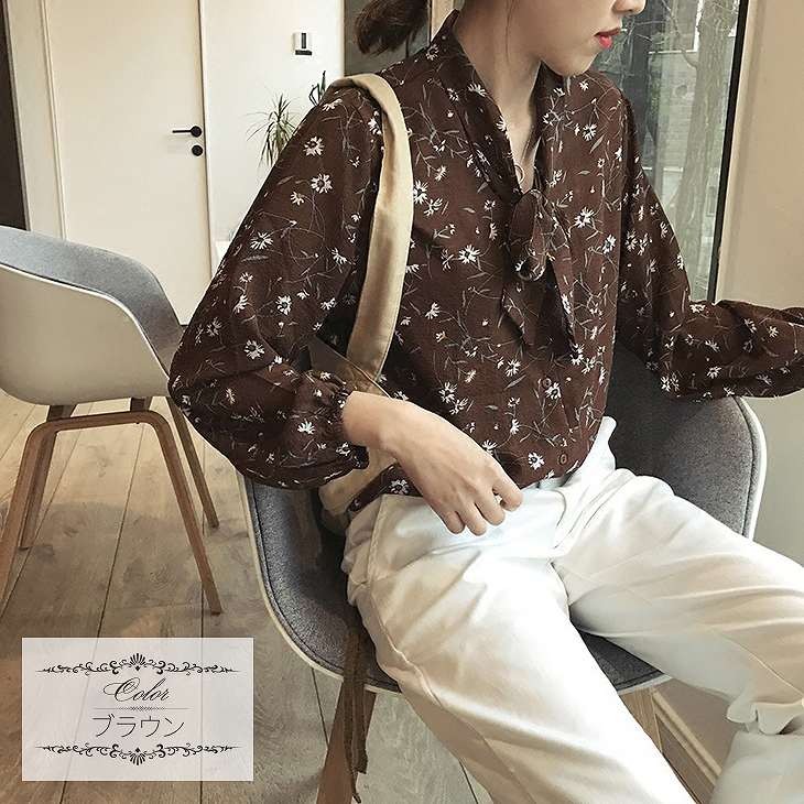 レディース　トップス　シャツ　ブラウス　長袖　花柄　シフォン　リボン　ウインドカフス　ふんわり　ゆったり　おしゃれ　カジュアル　フェミニン　かわいい　上品　エレガント　セクシー　オフィス　ビジネス　通勤　普段着　デート　ブラウン　イエロー　送料無料