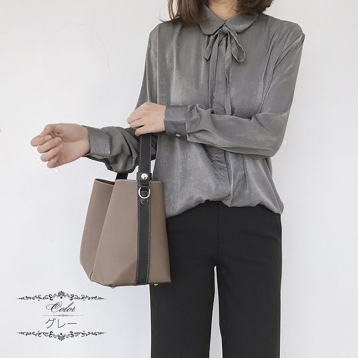 レディース　トップス　シャツ　ブラウス　長袖　無地　シンプル　リボン　シルク　ふんわり　ゆったり　おしゃれ　カジュアル　フェミニン　かわいい　上品　エレガント　オフィス　ビジネス　通勤　普段着　デート　グレー　ネイビー　ブラウン　送料無料