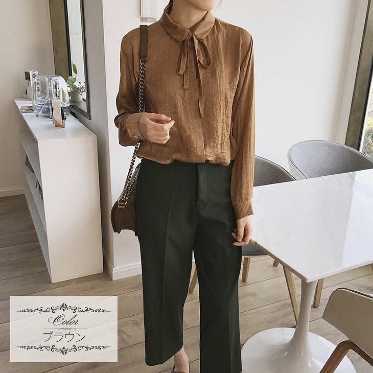 レディース　トップス　シャツ　ブラウス　長袖　無地　シンプル　リボン　シルク　ふんわり　ゆったり　おしゃれ　カジュアル　フェミニン　かわいい　上品　エレガント　オフィス　ビジネス　通勤　普段着　デート　グレー　ネイビー　ブラウン　送料無料