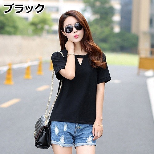 レディース　トップス　Tシャツ　無地　カットソー　Vネック　半袖　シンプル　大きいサイズ　カジュアル　大人可愛い　フェミニン　オフィス　通勤　OL　デート　お出かけ　レッド　ブラック　ブラウン　グリーン　送料無料