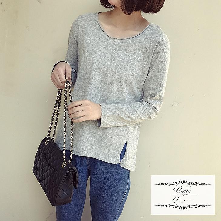 レディース　トップス　Tシャツ　長袖　無地　ウォッシュ加工　カットソー　綿100％　コットン　シンプル　ゆったり　おしゃれ　カジュアル　大人可愛い　フェミニン　デート　お出かけ　普段着　フリーサイズ　ブラック　黒　グレー　ホワイト　送料無料