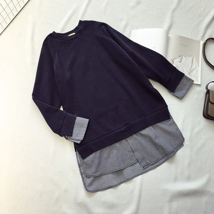 レディース　トップス　トレーナー　長袖　無地　チュニック　ストライプ　レイヤード　フェイク　重ね着風　スウェット　秋　冬　シンプル　ゆったり　おしゃれ　カジュアル　大人可愛い　フェミニン　デート　お出かけ　普段着　ブラック　ネイビー　送料無料