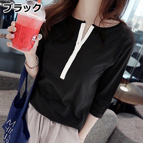 レディース　トップス　Tシャツ　無地　カットソー　オープンフロントネック　7分袖　シンプル　大きいサイズ　カジュアル　大人可愛い　フェミニン　オフィス　通勤　OL　デート　お出かけ　ブラック　グレー　送料無料