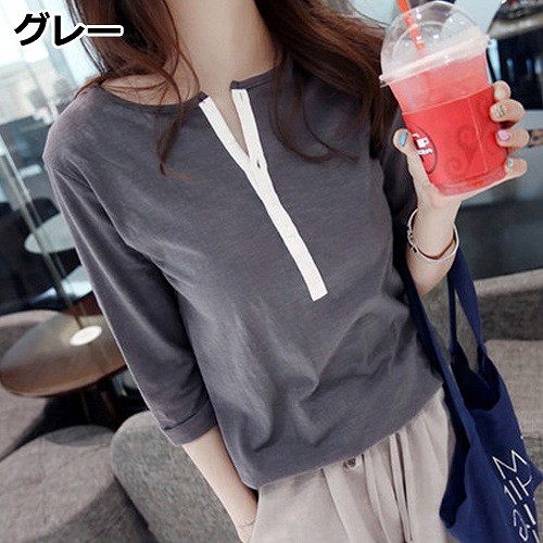 レディース　トップス　Tシャツ　無地　カットソー　オープンフロントネック　7分袖　シンプル　大きいサイズ　カジュアル　大人可愛い　フェミニン　オフィス　通勤　OL　デート　お出かけ　ブラック　グレー　送料無料
