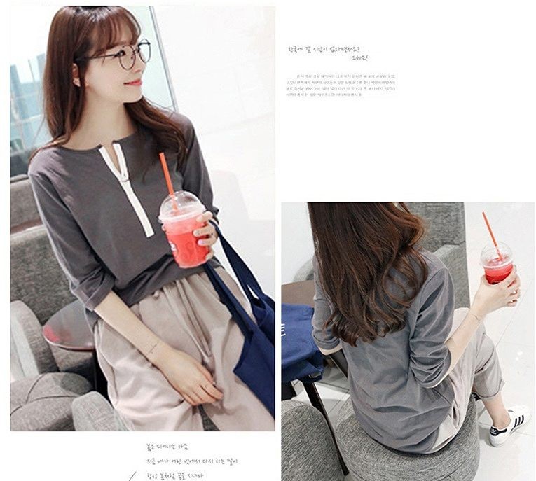 レディース　トップス　Tシャツ　無地　カットソー　オープンフロントネック　7分袖　シンプル　大きいサイズ　カジュアル　大人可愛い　フェミニン　オフィス　通勤　OL　デート　お出かけ　ブラック　グレー　送料無料