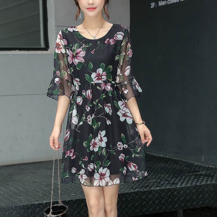 レディース　ワンピース　シフォン　ミニドレス　7分袖　花柄　総柄　ラウンドネック　きれいめ　大きいサイズ　カジュアル　清楚　エレガント　大人可愛い　フェミニン　オフィス　デート　お出かけ　フォーマル　ブラック　送料無料