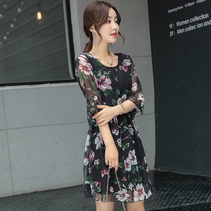 レディース　ワンピース　シフォン　ミニドレス　7分袖　花柄　総柄　ラウンドネック　きれいめ　大きいサイズ　カジュアル　清楚　エレガント　大人可愛い　フェミニン　オフィス　デート　お出かけ　フォーマル　ブラック　送料無料