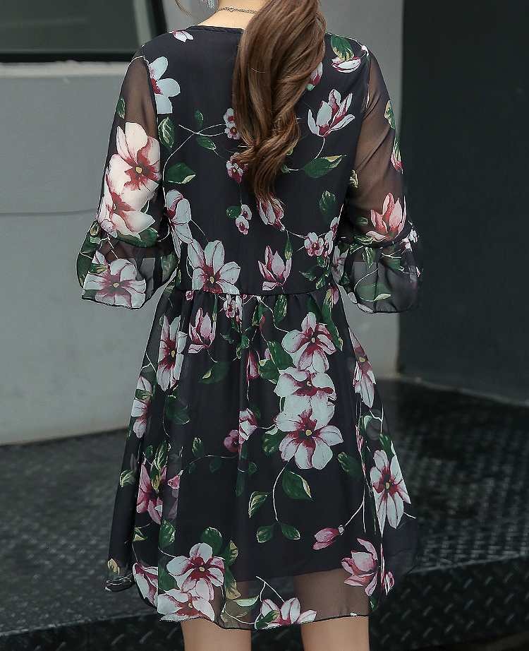 レディース　ワンピース　シフォン　ミニドレス　7分袖　花柄　総柄　ラウンドネック　きれいめ　大きいサイズ　カジュアル　清楚　エレガント　大人可愛い　フェミニン　オフィス　デート　お出かけ　フォーマル　ブラック　送料無料