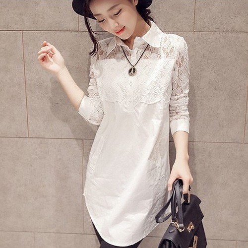 レディース　トップス　ロング　レース　シャツ　カットソー　5分袖　シンプル　無地　ゆったり　大きいサイズ　カジュアル　大人可愛い　オフィス　通勤　OL　フェミニン　デート　お出かけ　ホワイト　送料無料