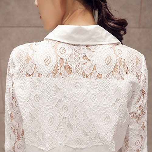 レディース　トップス　ロング　レース　シャツ　カットソー　5分袖　シンプル　無地　ゆったり　大きいサイズ　カジュアル　大人可愛い　オフィス　通勤　OL　フェミニン　デート　お出かけ　ホワイト　送料無料