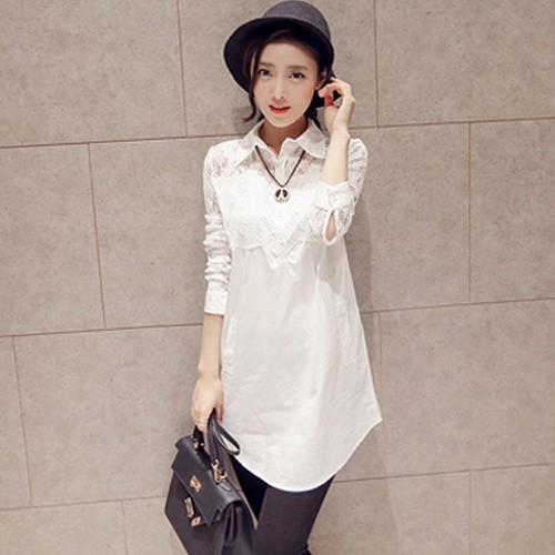 レディース　トップス　ロング　レース　シャツ　カットソー　5分袖　シンプル　無地　ゆったり　大きいサイズ　カジュアル　大人可愛い　オフィス　通勤　OL　フェミニン　デート　お出かけ　ホワイト　送料無料
